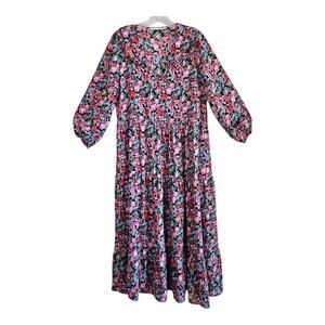 ZARA Women M Midi Dress Floral Red Pink Ruffle Balloon Sleeve Cottage Prairie